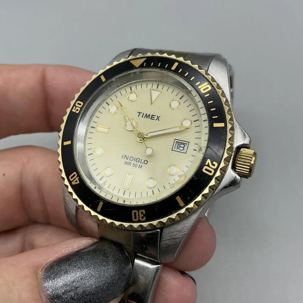Timex Indiglo WR 50M Mens Watch 39mm Two Tone Diver Date New Battery 7.75